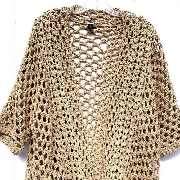 Chico's Black Label Sweaters - Women’s Chico’s Black Label Open Front Crochet Short Sleeve Sweater, Taupe/Metal